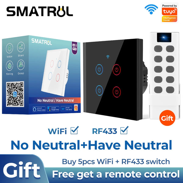 SMATRUL Tuya WiFi Touch Smart Switch Light Without Neutral Wire Glass Wall EU Two-Way Control 220V Timer For Alexa Google Home