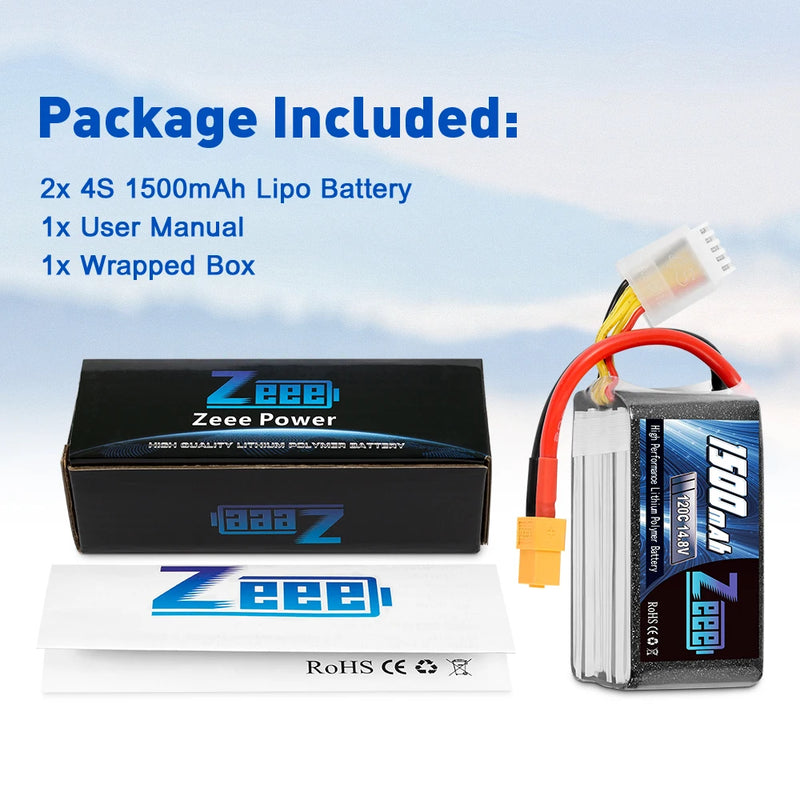 2pcs Zeee 4S 1500mAh 14.8V 100 120C Lipo Battery with XT60 Plug Softcase for RC Car Truck Buggy FPV Drones Airplane RC Parts