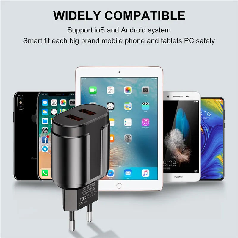 USLION EU/US Plug 2.4A Max Dual USB Fast Charging Adapter Wall Universal Mobile Phone Charger For iPhone Samsung Xiaomi Poco