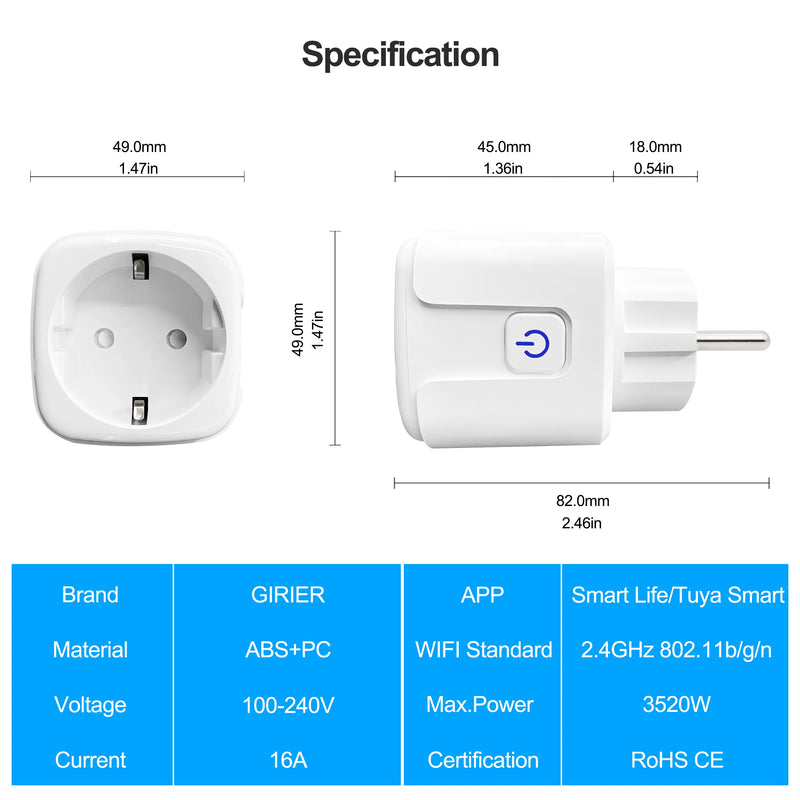 Tuya Wifi Smart Plug EU 16A  with Power Monitor Function Wireless App Voice Remote Control Socket Works with Alexa Google Home