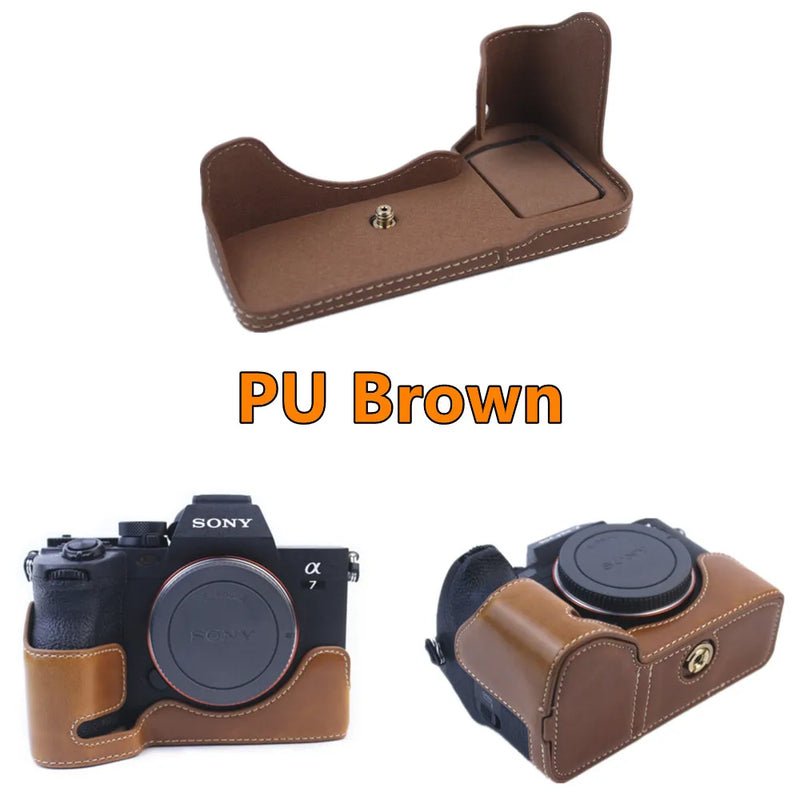 PU / Genuine Leather Camera Bag Half Base Body Case Cover Shell Protector for Sony A7 IV / A7S III / A1 / A7M4 ILCE-7SM3 A7R5