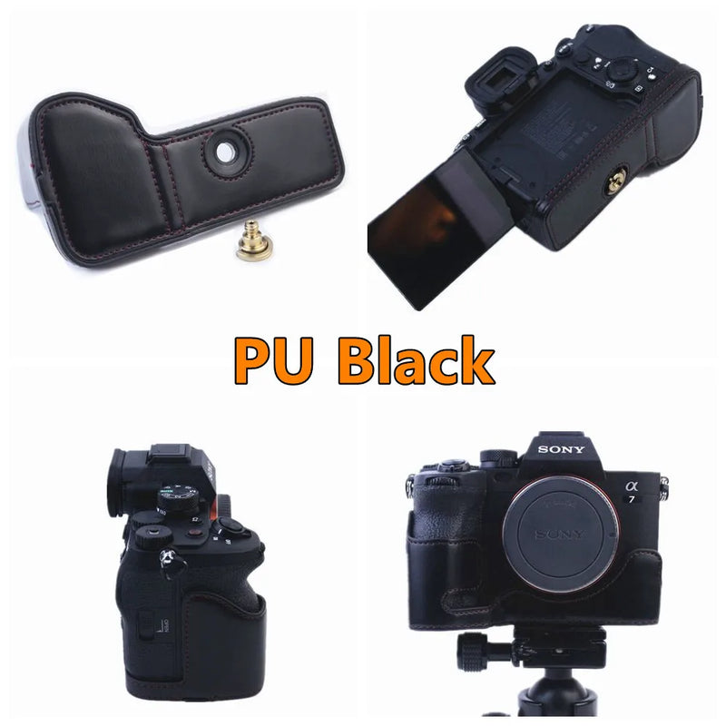 PU / Genuine Leather Camera Bag Half Base Body Case Cover Shell Protector for Sony A7 IV / A7S III / A1 / A7M4 ILCE-7SM3 A7R5