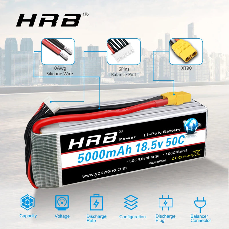 2pcs HRB 5S Lipo Battery 18.5V 5000mah 50C with XT90 T Plug RC LiPo for Helicopter Quadcopter Airplane Drone Car Drones Boat