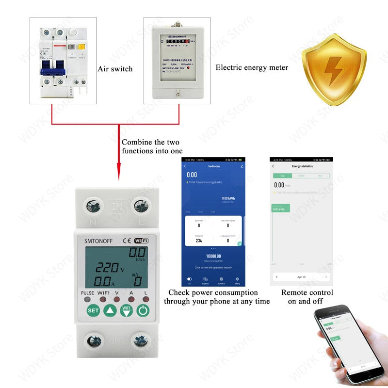 Smart life Tuya WIFI Smart Energy Meter Prepaid energy meter  kWh Meter Wattmeter Over under Voltage leakage protect voice alexa