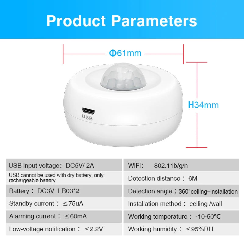 Tuya WiFi Motion PIR Sensor Detector USB charging WIFI Movement Sensor Smart Life APP Wireless Home Security System