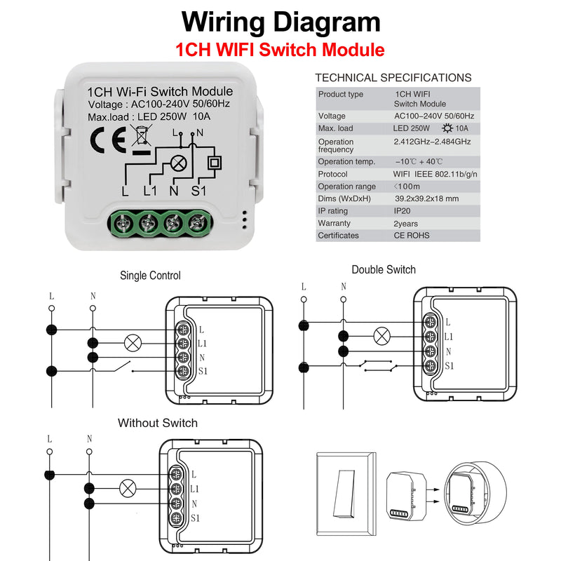 Tuya Wifi Smart Light Switch Module Supports 2 Way Control, App Remote Control DIY Breaker 100-240V, Work with Alexa Google Home