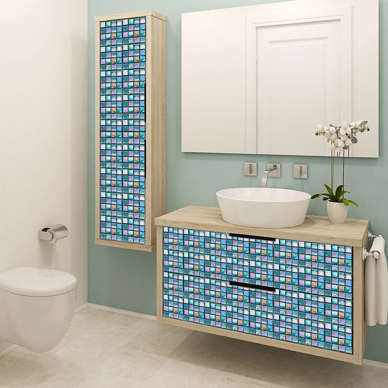 10pcs/Set Flat Mosaic Tiles Sticker Transfers Covers For Kitchen Bathroom Wallpaper Surface Gloss Waterproof Film 2D Wall Decals