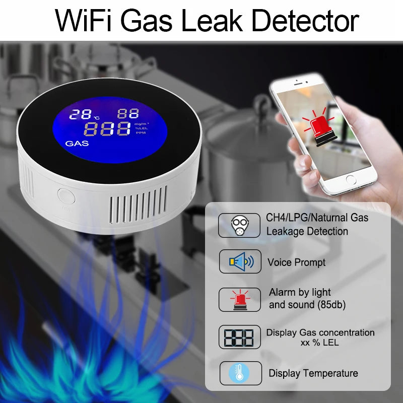 Tuya Wifi Smart Natural Gas Alarm Sensor With temperature function Combustible Gas Leak Detector LCD Display  Smart Life App