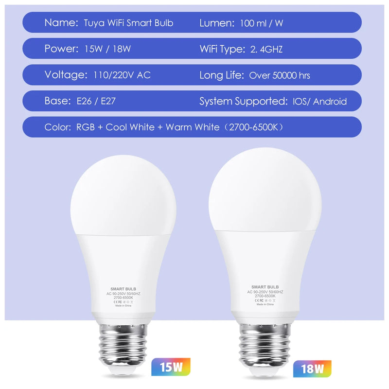 COOLO Tuya 15W 18W WiFi Smart Light Bulb E27 RGB LED Lamp Intelligent Dimmable Warm White Lamp Google Home Alexa Voice Control