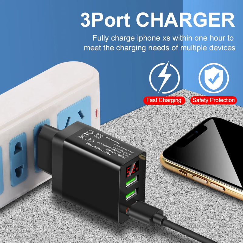 Lovebay 3A LED Display Quick Charger For iPhone 13 12 Xiaomi Samsung iPad Etc.EU US UK Plug Fast Charger 3 Ports Wall Adapter