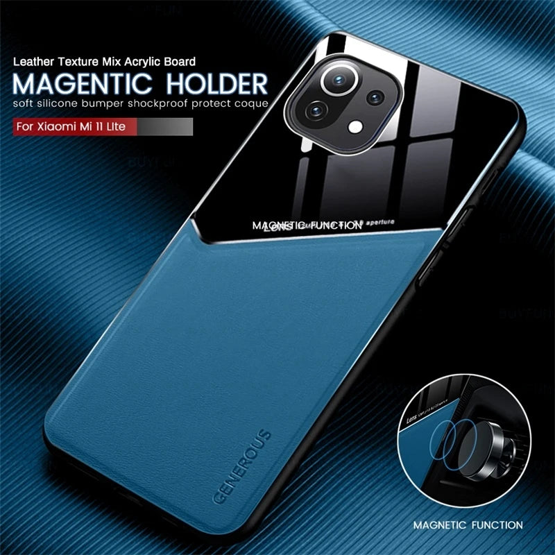 leather texture plexiglass car magnetic holder phone covers for xiomi mi11 xiaomi mi 11 lite ne 5g 11lite light shockproof case