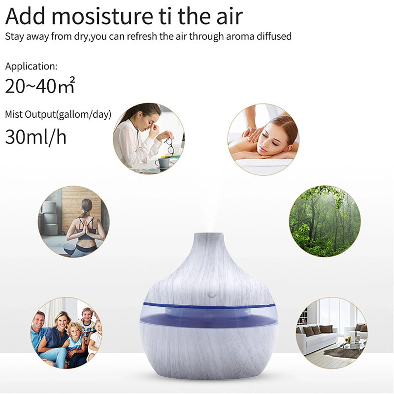 300ML Essential Aroma Oils Diffuser 5V Electric Humidifier Wood Grain Colorful Luminous Air Humidifier USB Mini Mist Maker