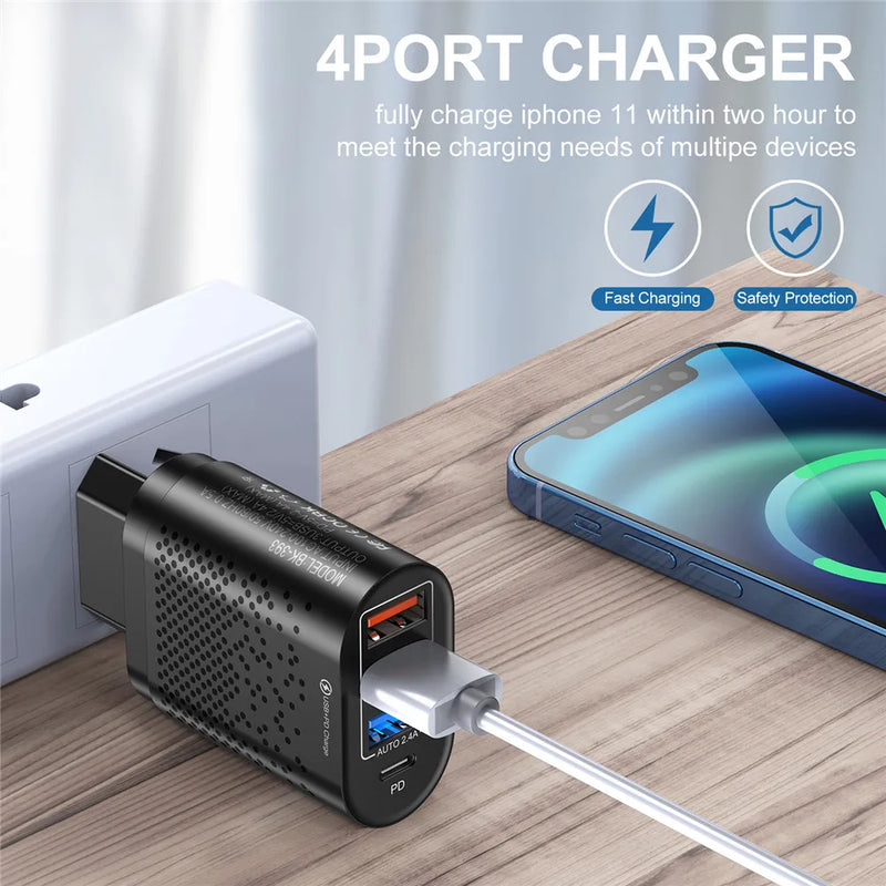 USLION 48W USB C Charger Type C Quick Charge QC4.0 QC3.0 PD 4 Port USB-C Charger USB Fast Charging For iPhone 14 Pro Max Macbook