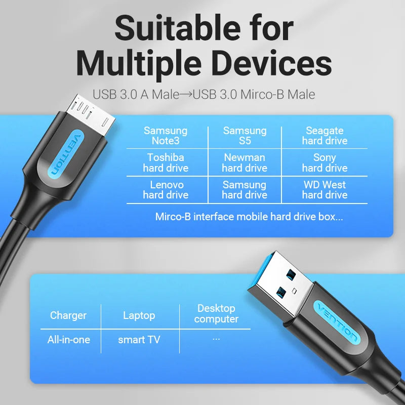 Vention Micro USB 3.0 Cable 3A Fast Charger Data Cord Mobile Phone Cables for Samsung Note 3 S5 Toshiba Sony USB Micro B Cable