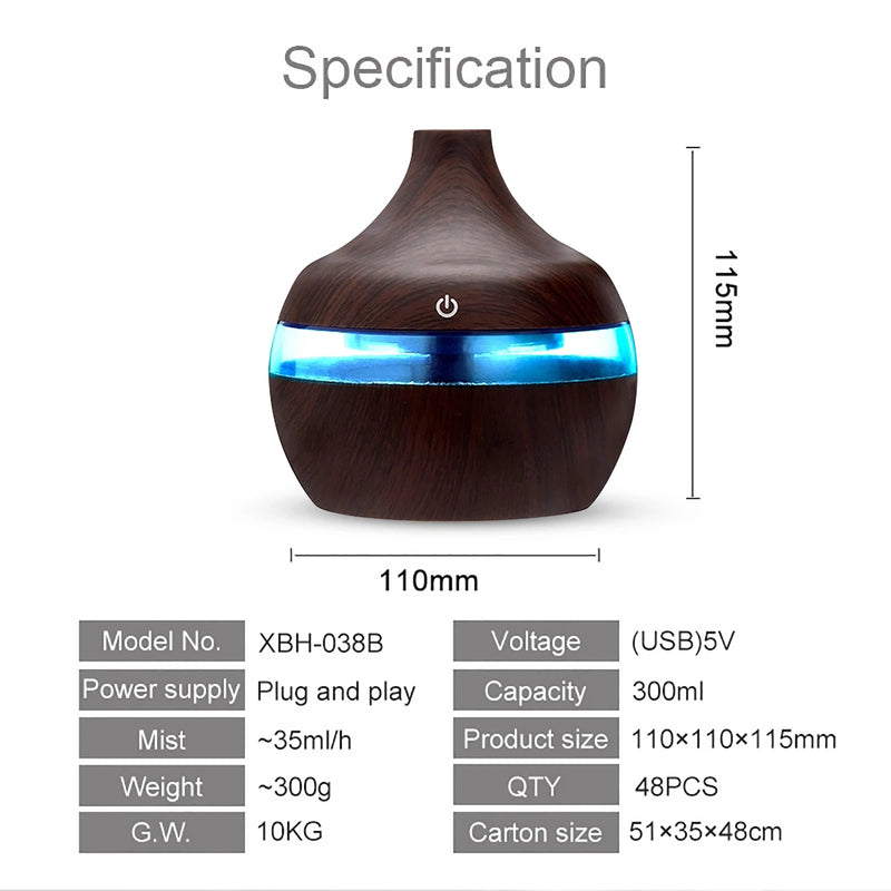 300ML Essential Aroma Oils Diffuser 5V Electric Humidifier Wood Grain Colorful Luminous Air Humidifier USB Mini Mist Maker