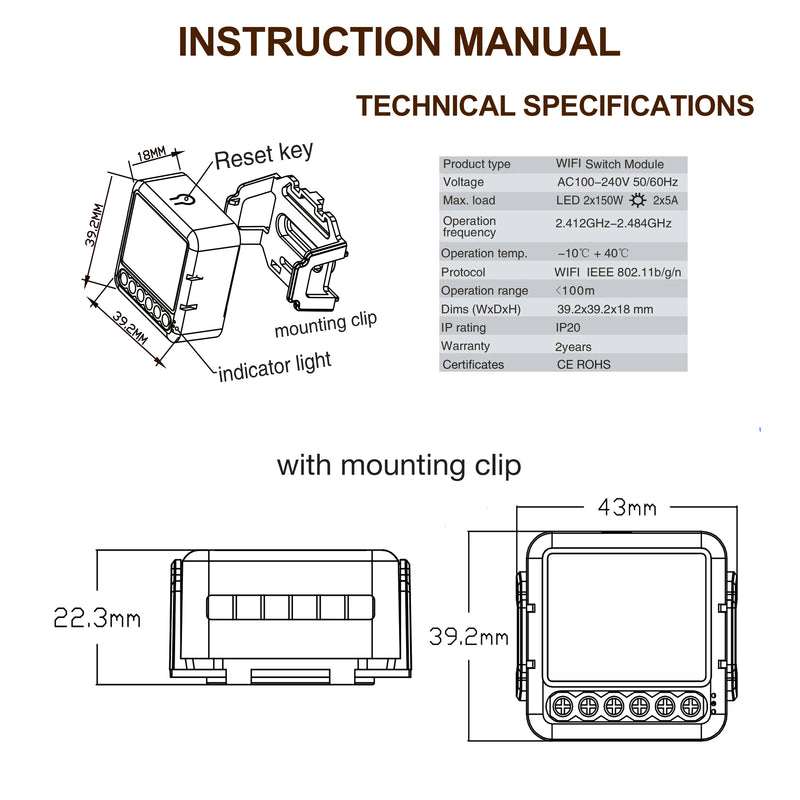 Tuya Wifi Smart Switch Module Supports 2 Way Control, App Remote Control DIY Light Breaker 100-240V Work with Alexa Google Home