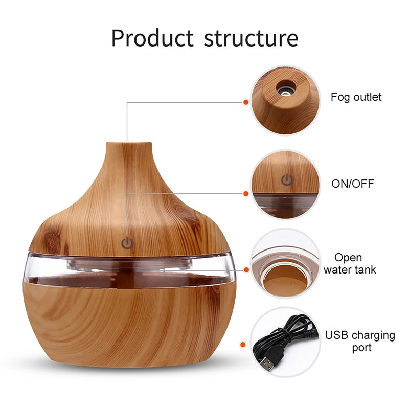 300ML Essential Aroma Oils Diffuser 5V Electric Humidifier Wood Grain Colorful Luminous Air Humidifier USB Mini Mist Maker