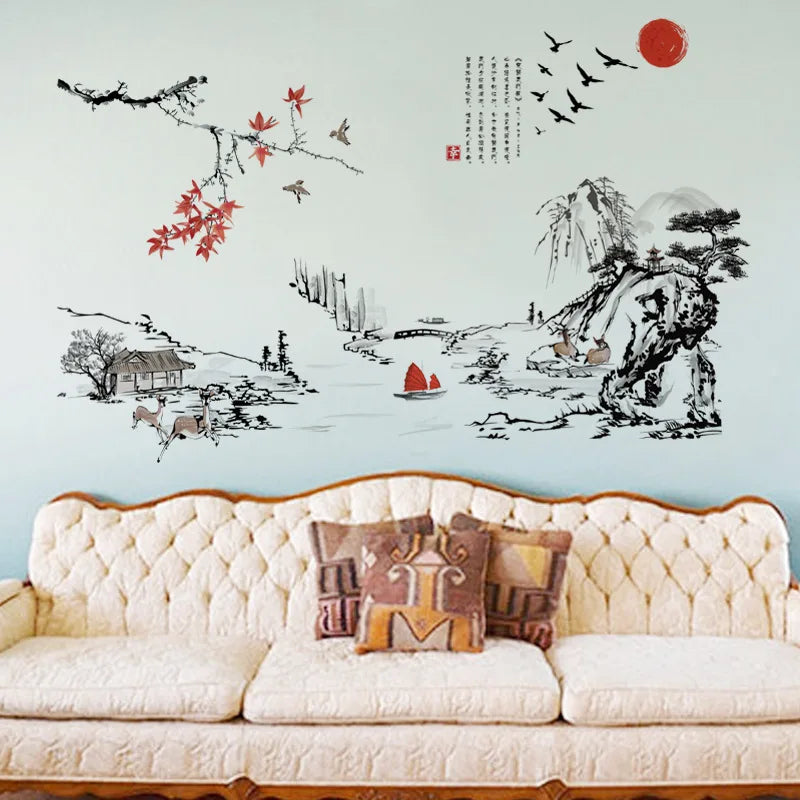 Chinese Style Ink Painting Landscape Art Wall Stickers Living Room Bedroom Background For Home Decoration Mural Decals Wallpaper