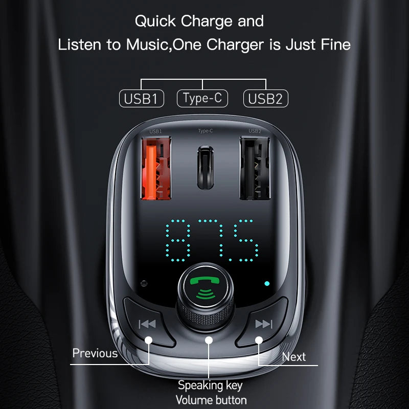 Baseus Quick Charge 4.0 Car Charger for Phone FM Transmitter Bluetooth Car Kit Audio MP3 Player Fast Dual USB Car Phone Charger