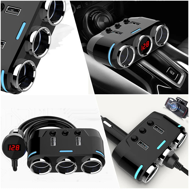 12V-24V Car Cigarette Lighter Socket Splitter Plug LED USB Phone Charger Adapter Voltage Car Cigarette Lighter Extension Cable