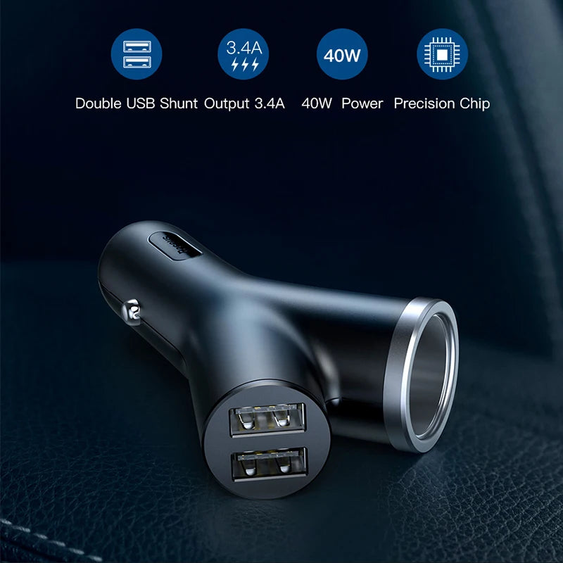 Baseus 40W Car Charger for Universal Mobile Phone Dual USB Car Cigarette Lighter Slot for Tablet GPS 3 Devices Car Phone Charger