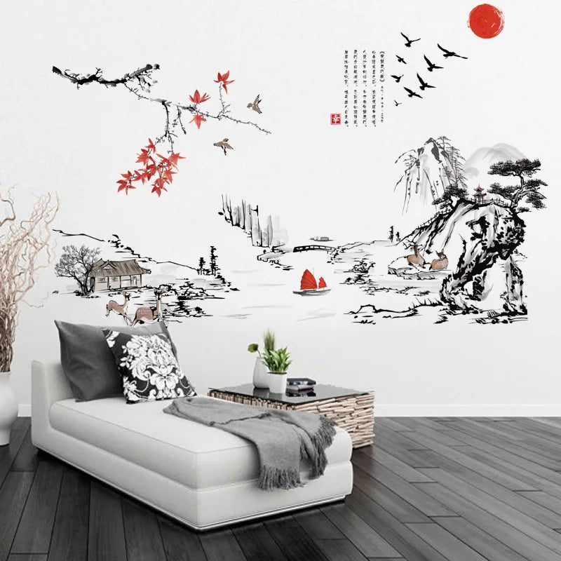 Chinese Style Ink Painting Landscape Art Wall Stickers Living Room Bedroom Background For Home Decoration Mural Decals Wallpaper