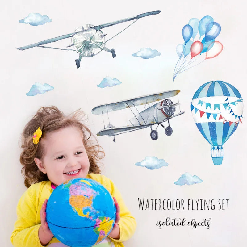 Watercolor Airplane Hot Air Balloon Wall Sticker Kids Baby Rooms Home Decoration PVC Mural Decals Nursery Stickers Wallpaper