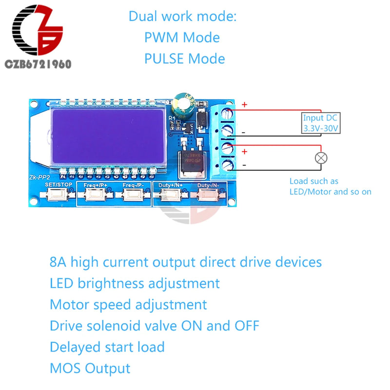 Adjustable PWM Pulse Signal Generator 1CH 1-150KHz 8A Driver Module LCD Frequency Duty Cycle for LED Light Motor Solenoid Valve