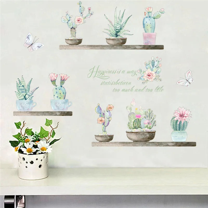 3d vivid succulent plant flower butterfly wall stickers living room bedroom TV Background wall decals mural arts home decor