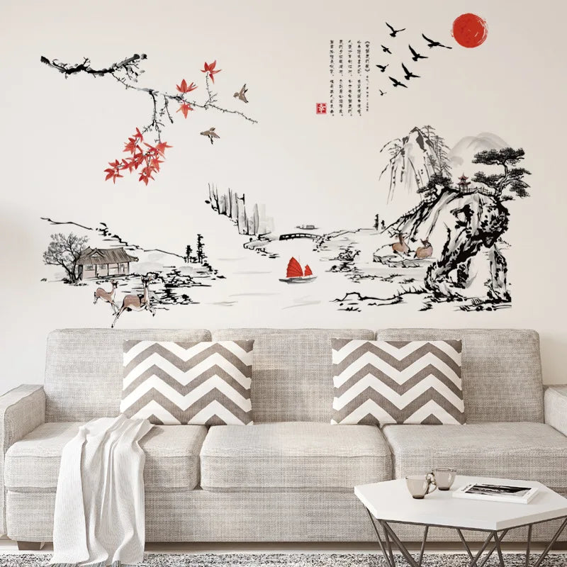 Chinese Style Ink Painting Landscape Art Wall Stickers Living Room Bedroom Background For Home Decoration Mural Decals Wallpaper