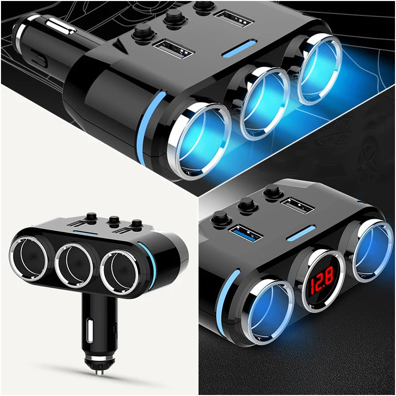 12V-24V Car Cigarette Lighter Socket Splitter Plug LED USB Phone Charger Adapter Voltage Car Cigarette Lighter Extension Cable