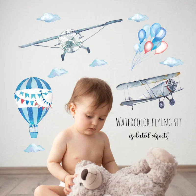 Watercolor Airplane Hot Air Balloon Wall Sticker Kids Baby Rooms Home Decoration PVC Mural Decals Nursery Stickers Wallpaper