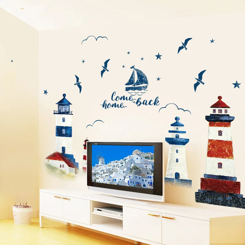 Sea Sailboat Lighthouse Wall Stickers Background Decoration Bedroom Living Room TV Sofa Mural Wallpaper Art Decals Sticker