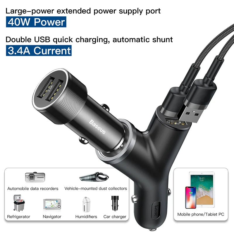 Baseus 40W Car Charger for Universal Mobile Phone Dual USB Car Cigarette Lighter Slot for Tablet GPS 3 Devices Car Phone Charger