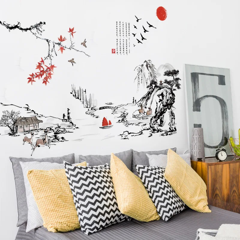 Chinese Style Ink Painting Landscape Art Wall Stickers Living Room Bedroom Background For Home Decoration Mural Decals Wallpaper