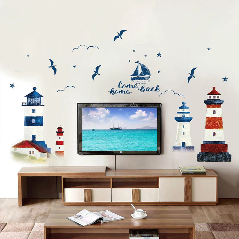 Sea Sailboat Lighthouse Wall Stickers Background Decoration Bedroom Living Room TV Sofa Mural Wallpaper Art Decals Sticker