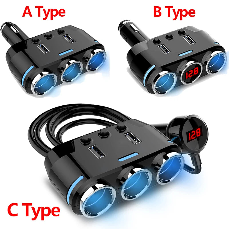 12V-24V Car Cigarette Lighter Socket Splitter Plug LED USB Phone Charger Adapter Voltage Car Cigarette Lighter Extension Cable