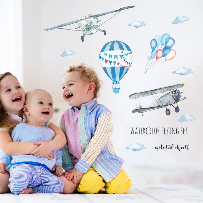 Watercolor Airplane Hot Air Balloon Wall Sticker Kids Baby Rooms Home Decoration PVC Mural Decals Nursery Stickers Wallpaper