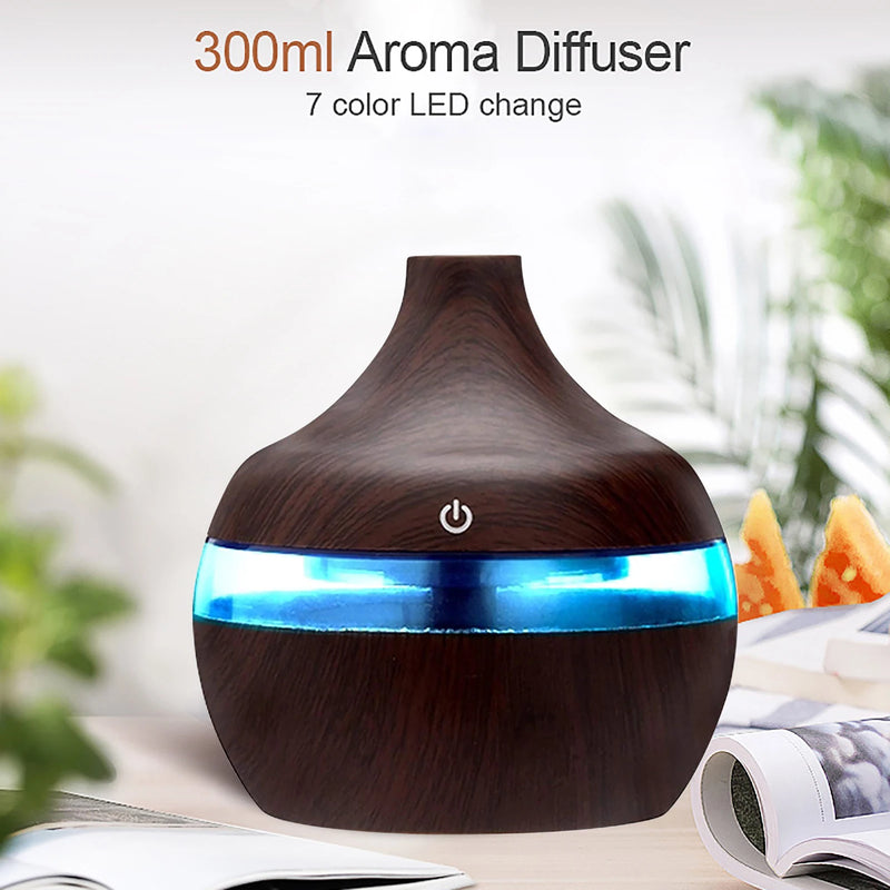 300ML Essential Aroma Oils Diffuser 5V Electric Humidifier Wood Grain Colorful Luminous Air Humidifier USB Mini Mist Maker