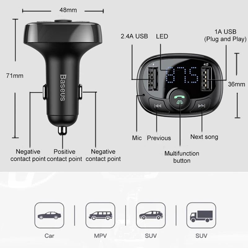 Baseus FM Transmitter Bluetooth-compatible Handsfree Car Kit for Mobile Phone MP3 Player With 3.4A Dual USB Car Phone Charger