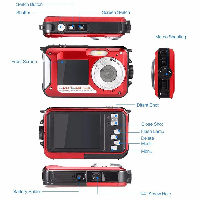 48MP Underwater Waterproof High Definition Digital Camera Dual Screen Video Camcorder Point and Shoots Digital Camera