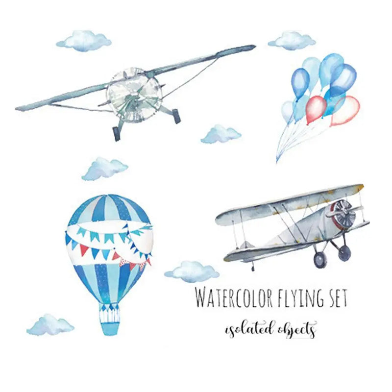 Watercolor Airplane Hot Air Balloon Wall Sticker Kids Baby Rooms Home Decoration PVC Mural Decals Nursery Stickers Wallpaper