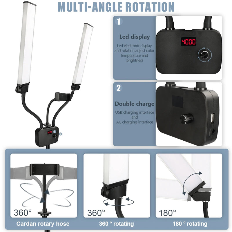 224LEDs Photographic Double Arms Fill Light 3200-5600K Long Strips LED Lamp LCD Screen Photo Studio Lighting Live Broadcast