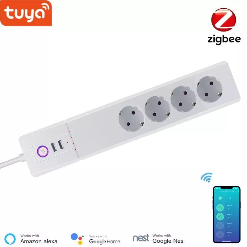 Tuya WiFi Smart Surge Protector , EU Zigbee Outlet With 4 Plugs and 2 USB Port , Individual Control,Works With Alexa Google Home