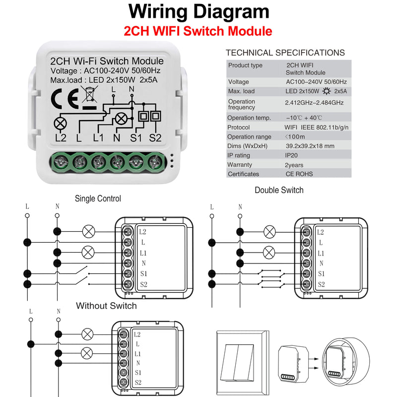 Tuya Wifi Smart Light Switch Module Supports 2 Way Control, App Remote Control DIY Breaker 100-240V, Work with Alexa Google Home