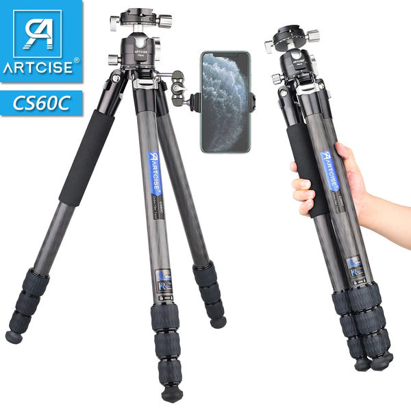 CS60C Professional 10 Layers Carbon Fiber Tripod for DSLR Camera Heavy Duty 40mm Low Profile Ball Head Compact Structure 175cm