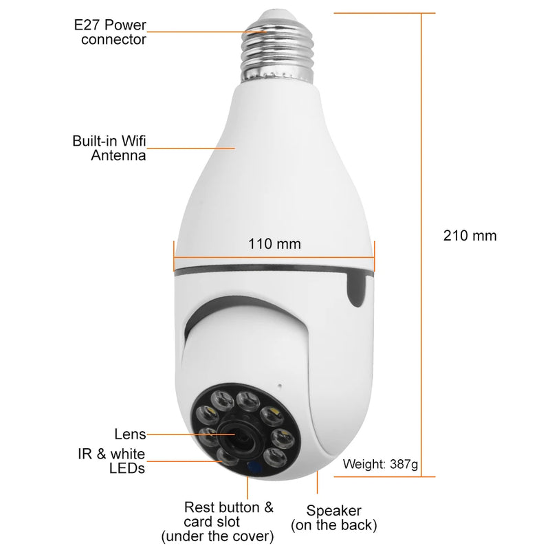 HD 1080P Mini Camera 360° Auto Tracking Panoramic Wifi Camera E27 Light Bulb Wireless PTZ Cam Security Surveillance Camcorder