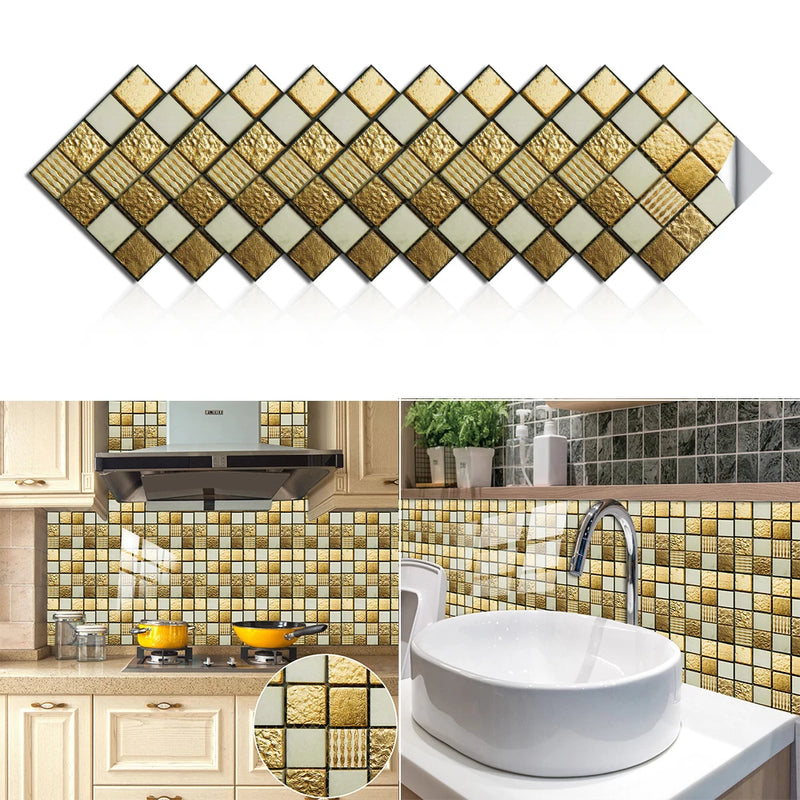 10pcs Flat Marble Mosaic Embossing Tiles Sticker Kitchen Bathroom Wall Decals Peel & Stick Waterproof Tile Art Wallpaper