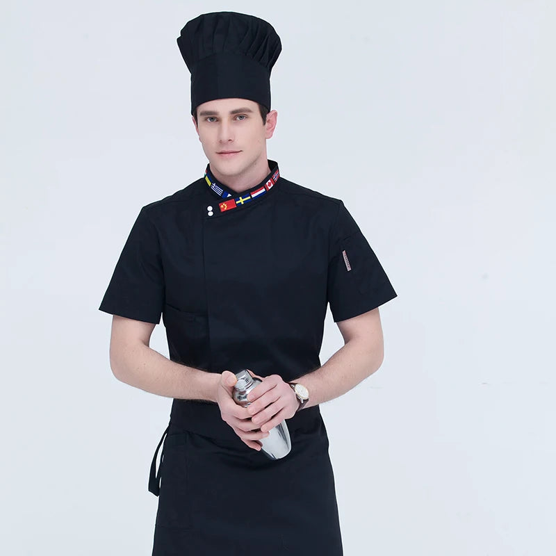 High Quality Black White M-4XL Wholesale Women Men Short-sleeve Oblique Embroidery Collar Kitchen Hotel Chef Jacket Bake Uniform