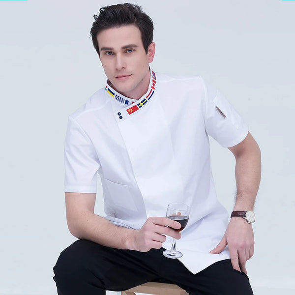 High Quality Black White M-4XL Wholesale Women Men Short-sleeve Oblique Embroidery Collar Kitchen Hotel Chef Jacket Bake Uniform